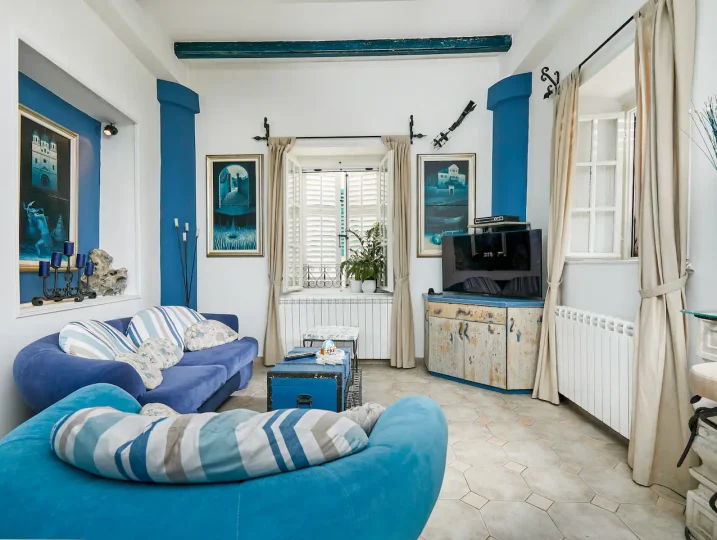 Sea-themed living room at Aspida accommodation in Kotor