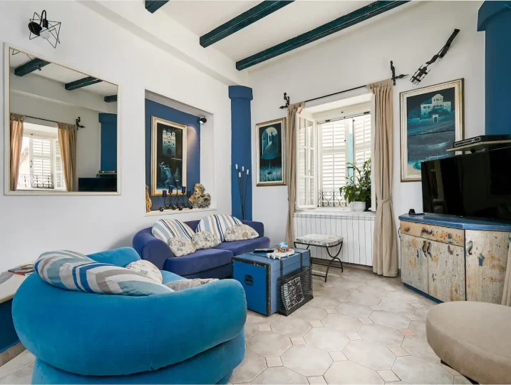 Wide view of the living room at Aspida in Kotor Old Town